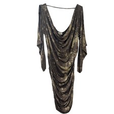 Jane USA Brown Gold Metallic Sequin Cold Shoulder Ruched Cowl Neck Dress 37in L