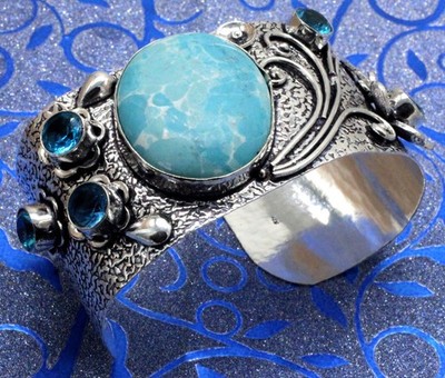925 Sterling Silver Larimar & Topaz Gemstone Jewelry Cuff Bracelet S-ADJ