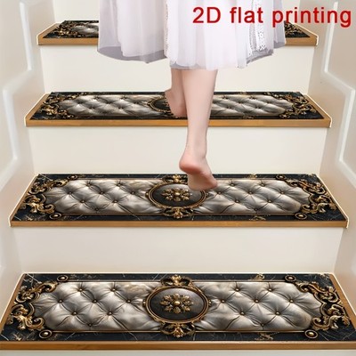 Luxurious Gold-Edged Carved Quilted Pattern Stair Mat, Non-Slip Step Mat, Prot