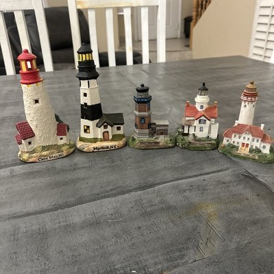 Set Of 5 Lighthouse Resin Sculptures (2) 7.5 & (3) 5'' Tall Lighthouse Collection