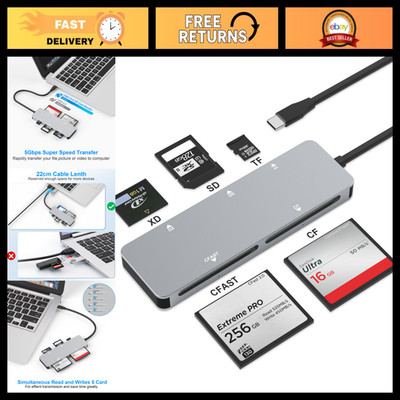 5-in-1 CFast Card Reader USB C, 5Gbps Adapter for CF/SD/TF/XD - Read 5 Cards Sim