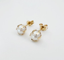 Estate Solid 14K Yellow Gold 5.4mm White Freshwater Pearl 6-Prong Stud Earrings