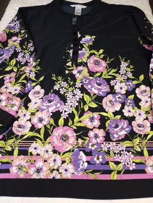 Drapers & Damons Womens Black Multi Flowers 3/4 Sleeves Top Size 1X