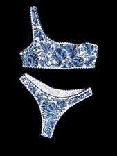 BLUE AND WHITE PAISLEY-ONE SHOULDER BIKINI-EXCELLENT CONDITION