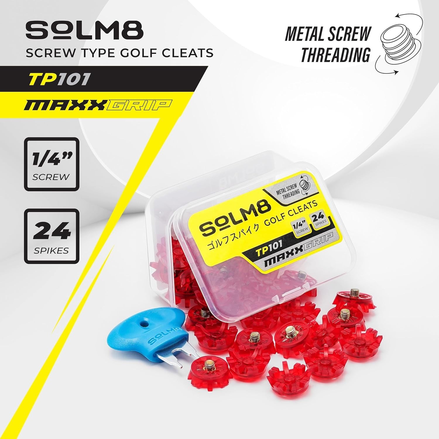 Golf Shoe Spikes Replacement Metal Screw Threading ¼ Inch 24 Pcs with Spanner