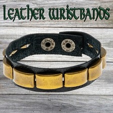 Real Leather Wristband - brass bracelet cuff wrist arm protector Biker Larp
