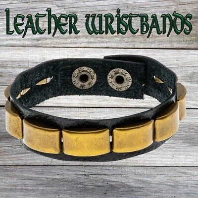 Véritable Cuir Bracelet - Laiton Manchette Poignet Bras Protecteur Motard Larp - Photo 1/3
