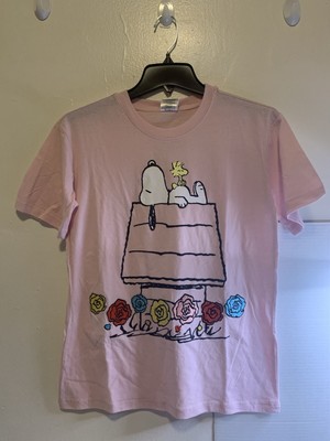 Peanuts Snoopy Ladies Pink Character Tee Embroidered T-shirt  flowers house