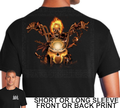 Biker Man On Fire Skull Head Ghost Rider Custom Built Chopper Mens T Shirt