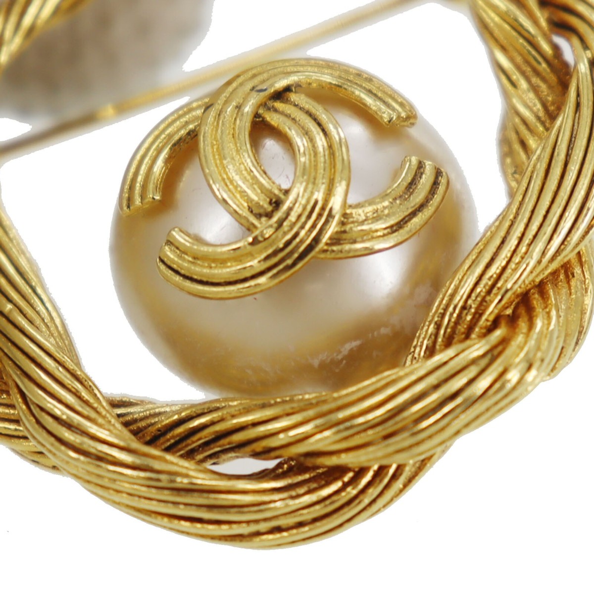 CHANEL CC Logos Pearl Used Pin Brooch Gold Plated 94A France