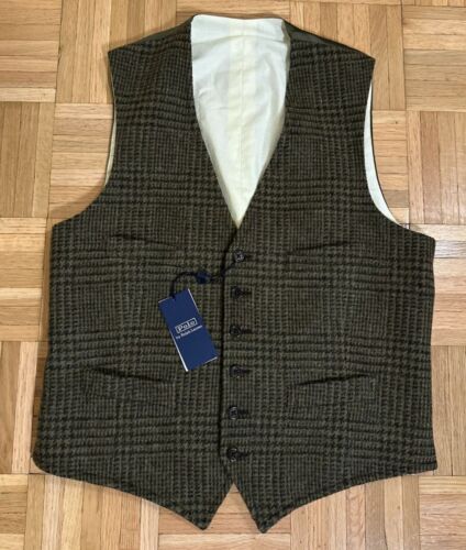 New Polo Ralph Lauren Herringbone Tweed Vest Waistcoat Mens 40R Wool Italy Green