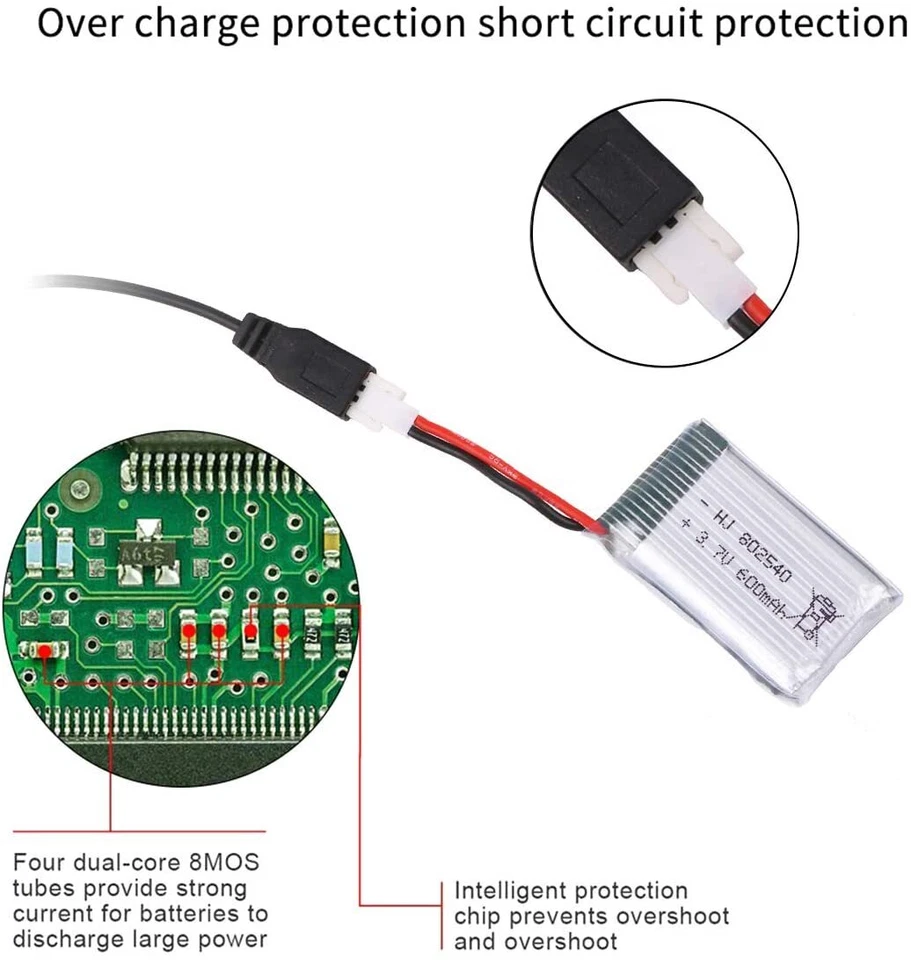 2 Stk 3,7V 600mAh 25C Lipo-akku XH2,54 Stecker mit USB Ladekabel für RC Drohne - Bild 2 von 4