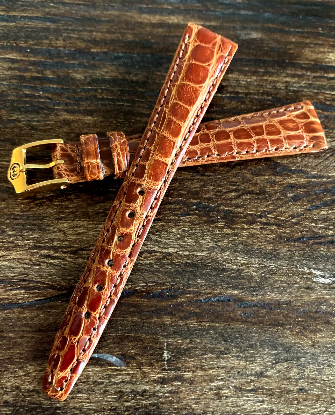 Bracelet de montre Gucci marron brillant véritable alligator 14 mm avec boucle authentique dans son emballage d'origine