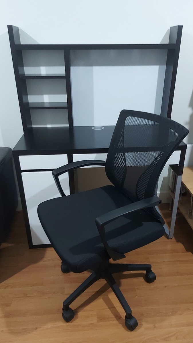 One IKEA Micke White/Black Computer Desk And One Black Mesh Swivel