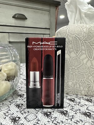 New In Box MAC 3-Pc Prep + Powder Kiss Lip Set: Bold Devoted To Chili