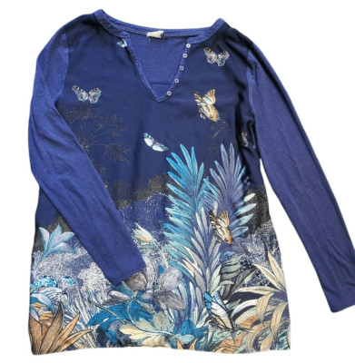Anthropologie Akemi Kin Blouse Women's Small Blue Fauna Floral Butterfly Linen
