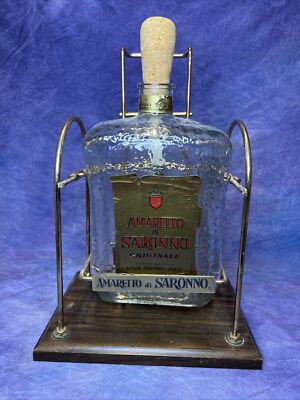 Amaretto Di Saronno Liqueur Large Bottle Metal Stand Pourer Decanter Vintage