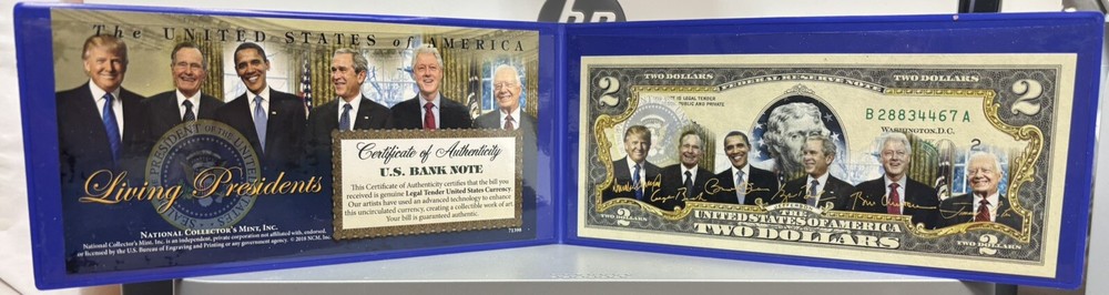 Rare Genuine Legal Tender $2 Bill Featuring Living US Presidents Including Donald Trump with COA