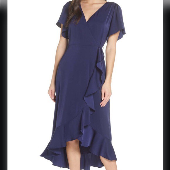 Chelsea28 navy true wrap flutter dress