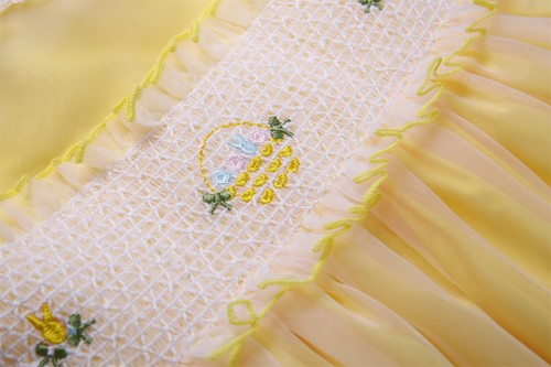 Girls Yellow Organza Smocked Dresses Flower Girls Puff Sleeves Tulle Lace Dress - Picture 8 of 14
