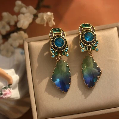 Boucles d'Oreilles Clip on Doré Strass Turquoise Goutte en Verre Vert Bleu EH6 - Photo 1/4
