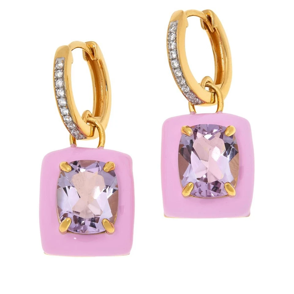 Pendientes colgantes para mujer de plata de ley 925 chapados en oro de amatista rosa y esmalte rosa Foto 3 de 4