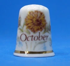 Birchcroft China Thimble -- Flower of  Month October with Free Dome Gift Box