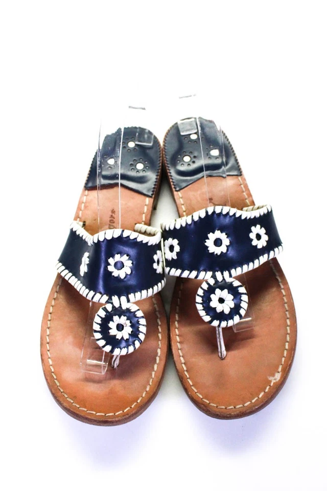 Sandalias planas Jack Rogers para mujer con ribete de cuero azul blanco tostado talla 11 Foto 2 de 4