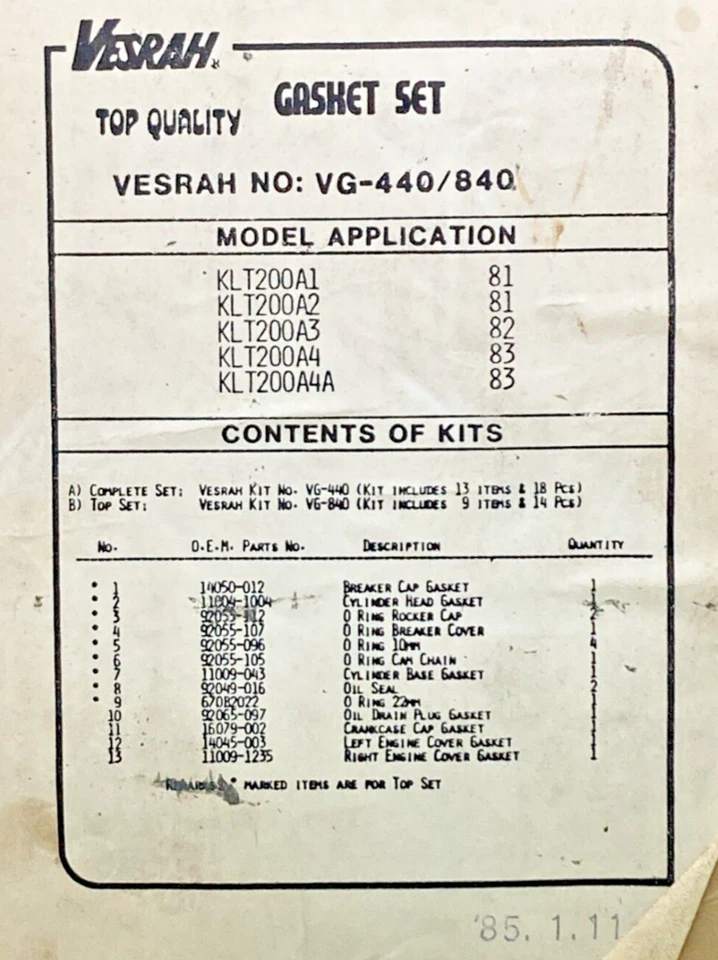 NUEVO GENUINO VESRAH VG-840 PARA JUEGO DE JUNTAS KAWASAKI, KIT INCOMPLETO Foto 2 de 2