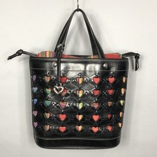 Brighton Karina Black Heart Cutout Leather Tote Bucket Bag Plaid Lining