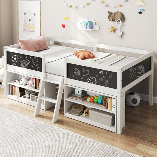 Low Loft Bed Twin Size, Wooden Loft Bed with Ladder & Blackboard, Twin Bed Fr...
