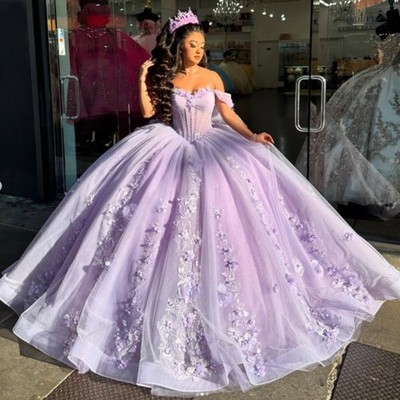 Fairy Lavender Quinceanera Dresses Flower Bow Sweet 16 Glitter Party Ball  Gowns | eBay