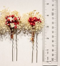 3 pc Boho Dried Flower Hair Pins   Red Ivory