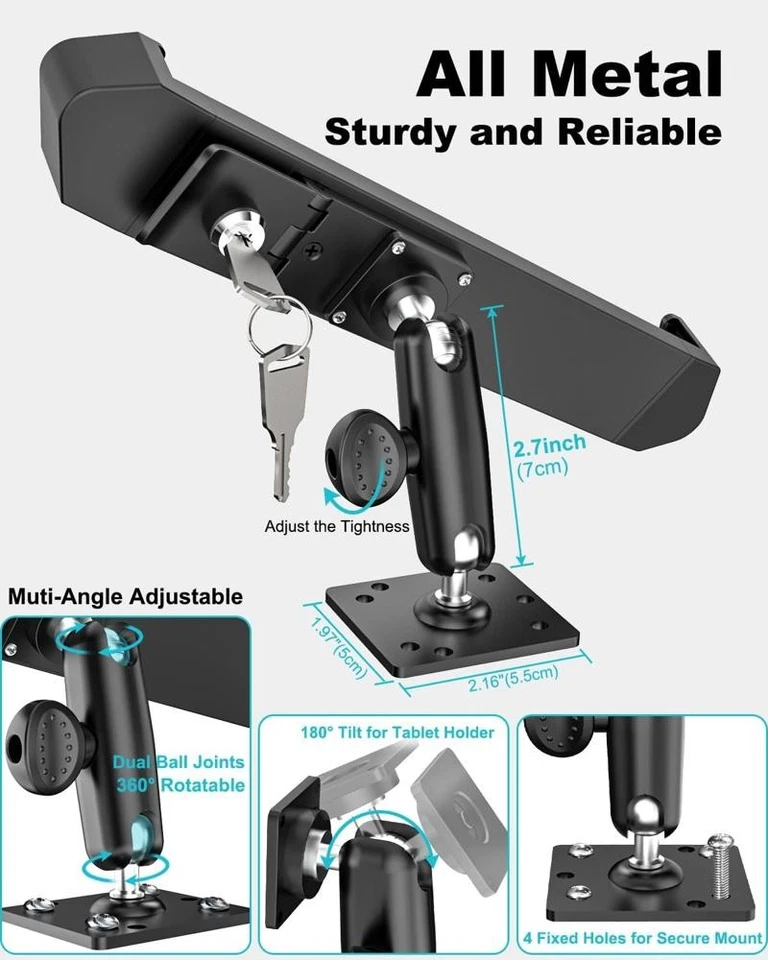 Security Car Tablet Mount, Industrial Heavy Duty iPad Holder w/Lock & Key, 360° - image 2 of 4