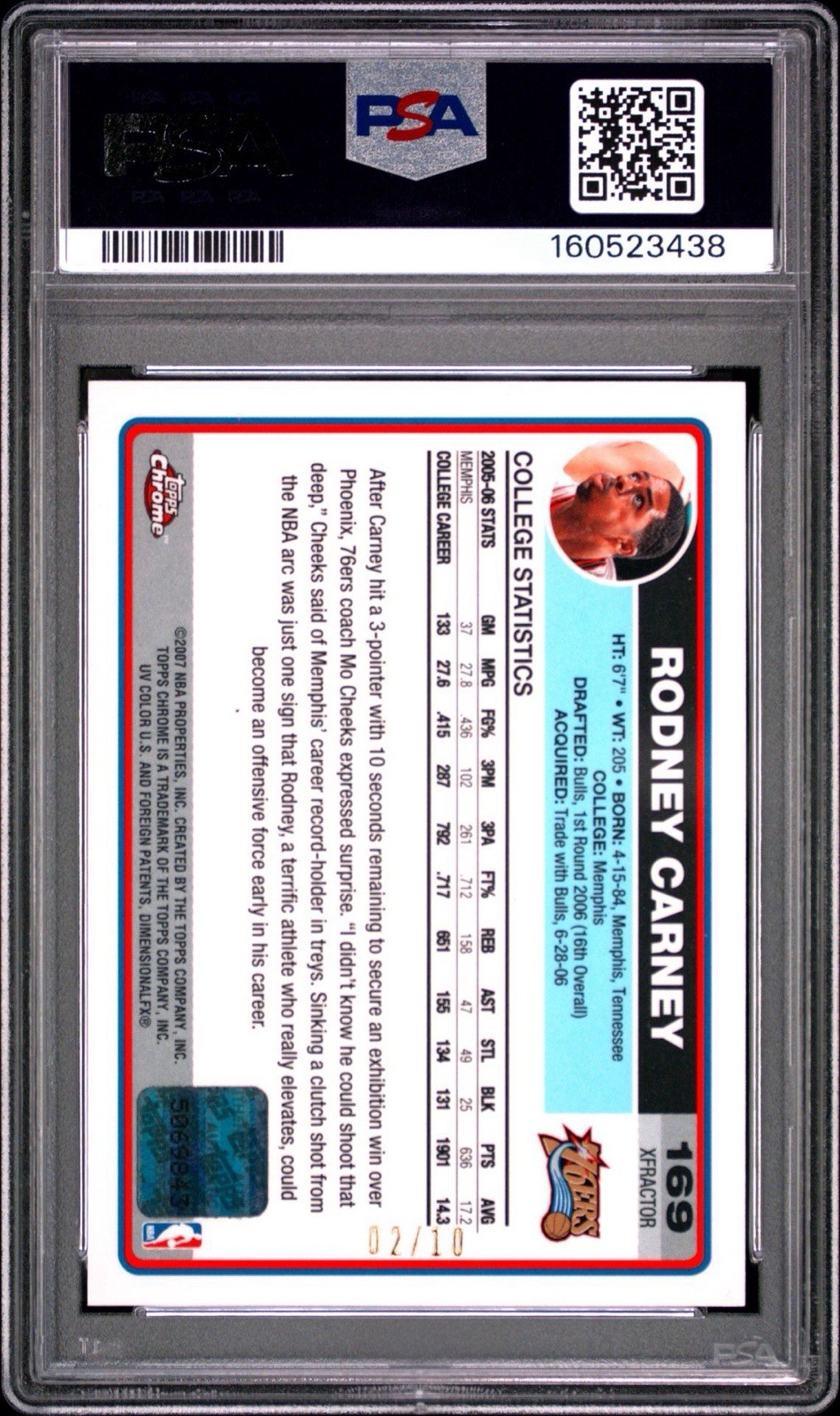 2006 Topps Chrome #169 Rodney Carney (RC) X-Fractor Auto /10 - PSA 10 Gem Mint view 3