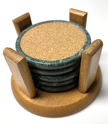 Vintage Green Marble / Cork  Tops Felt Bottoms 5 Coaster Set  with Wooden Holder