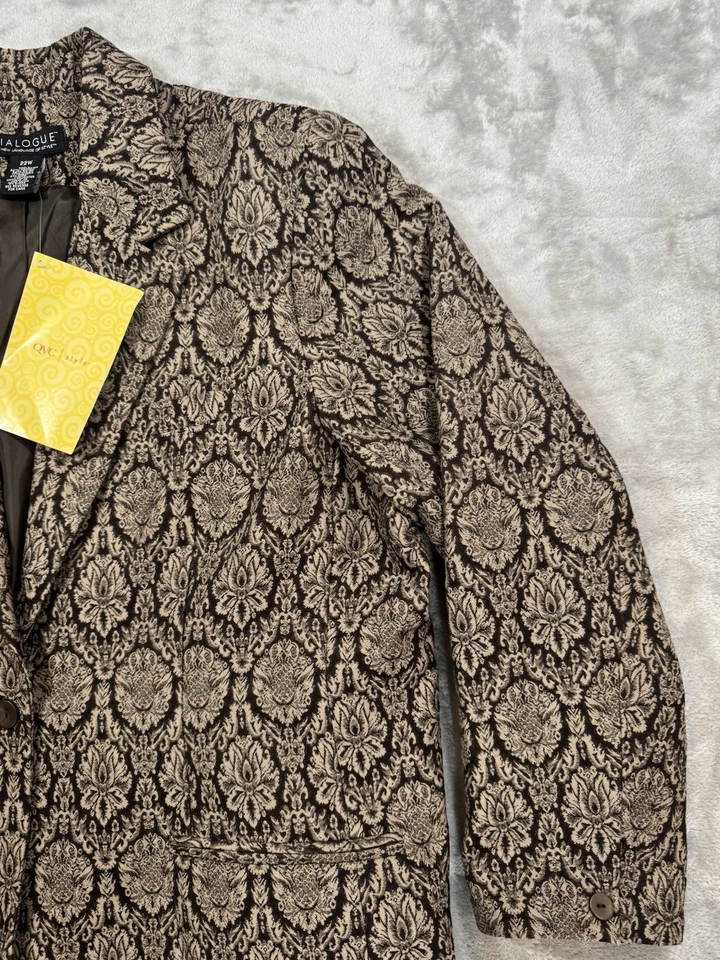 Dialogue Jacket Womens 22W Black Gold Jacquard Damask Stretch Knee Length Blazer - Image 4 of 4