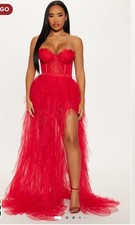 Red Strapless Layered Tulle Gown Women's Long Solid Ruffle Dress