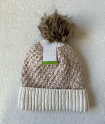 TIME & TRU Womens Beige Birds Eye Knit Ribbed Beanie Hat w/ Pom-pom One Size NWT