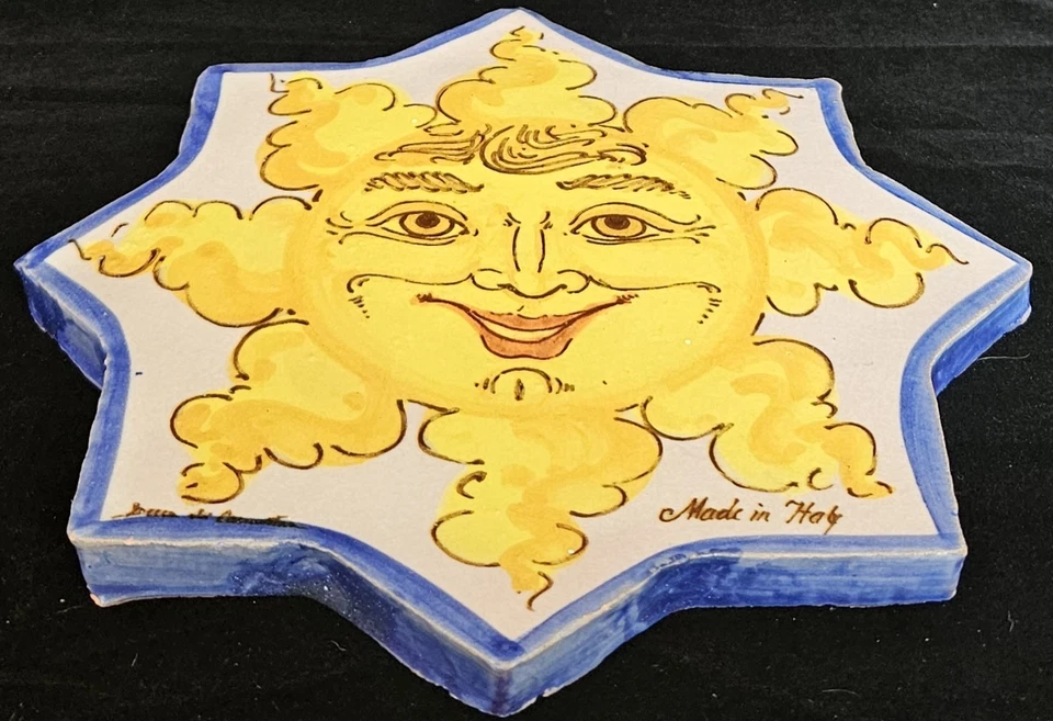Винтажная расписанная вручную настенная глиняная скульптура небесное солнце лицо Италия 8x8 - Изображение 2 из 4