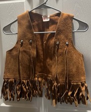 Vintage Child Kid Size Small 8/9 Brown Suede Leather Western Vest Fringe Costume