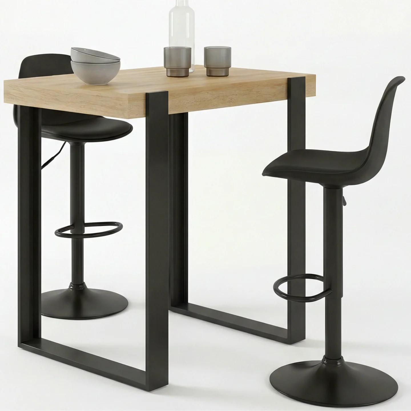 Ensemble table haute PHOENIX bois et noir et tabourets KARL pour apéritifs entre amis