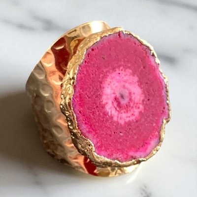 Statement Solar Quarz Manschettenring. Gold, Rose Rosa Verstellbare Steine Boutique