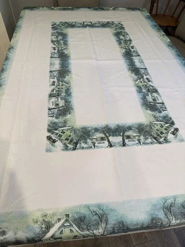 VTG Currier & Ives Tablecloth Museum Collection 60"x82" Holiday Winter Flaws