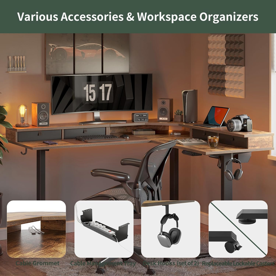 63" L Shaped Standing Desk with 4 Drawers, Electric Standing Gaming