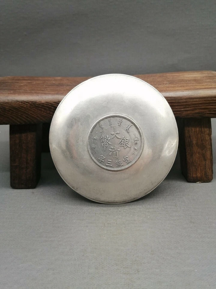 Plato Fénix Dragón Tallado a Mano Plata Antiguo Tíbet Chino 9Cm Foto 4 de 4