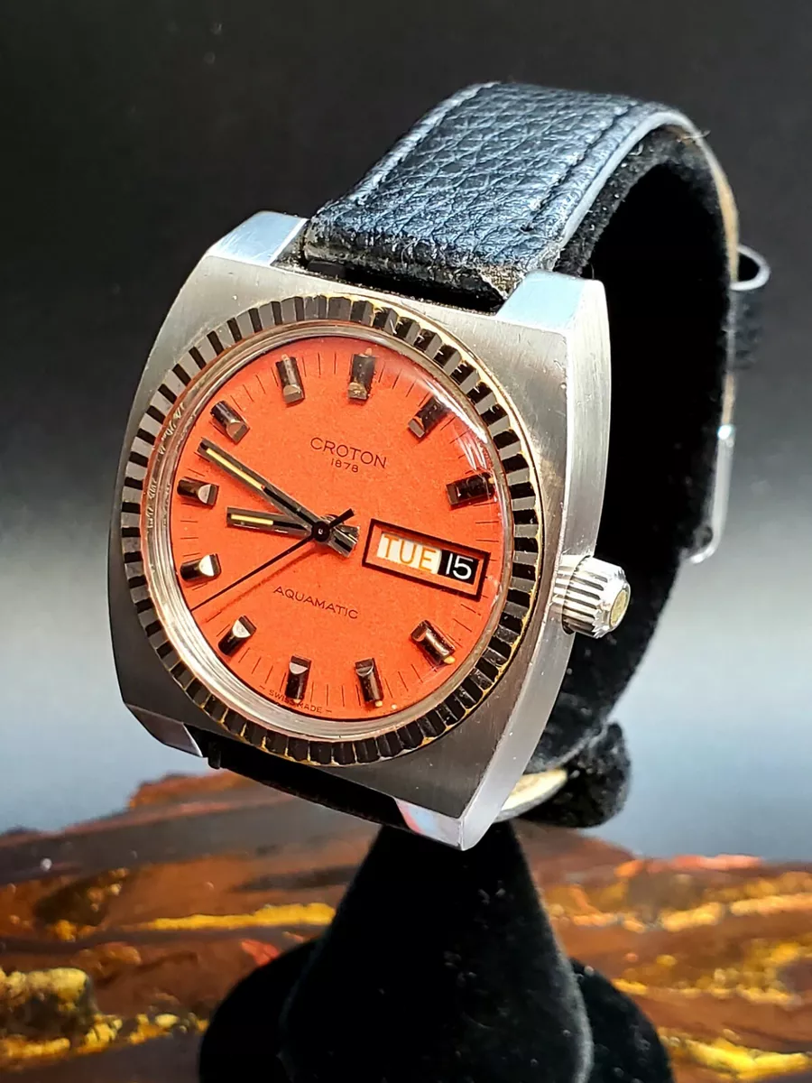 Vintage Croton 1878 Aquamatic Day Date Orange Dial Wrist Watch Fully Serviced
