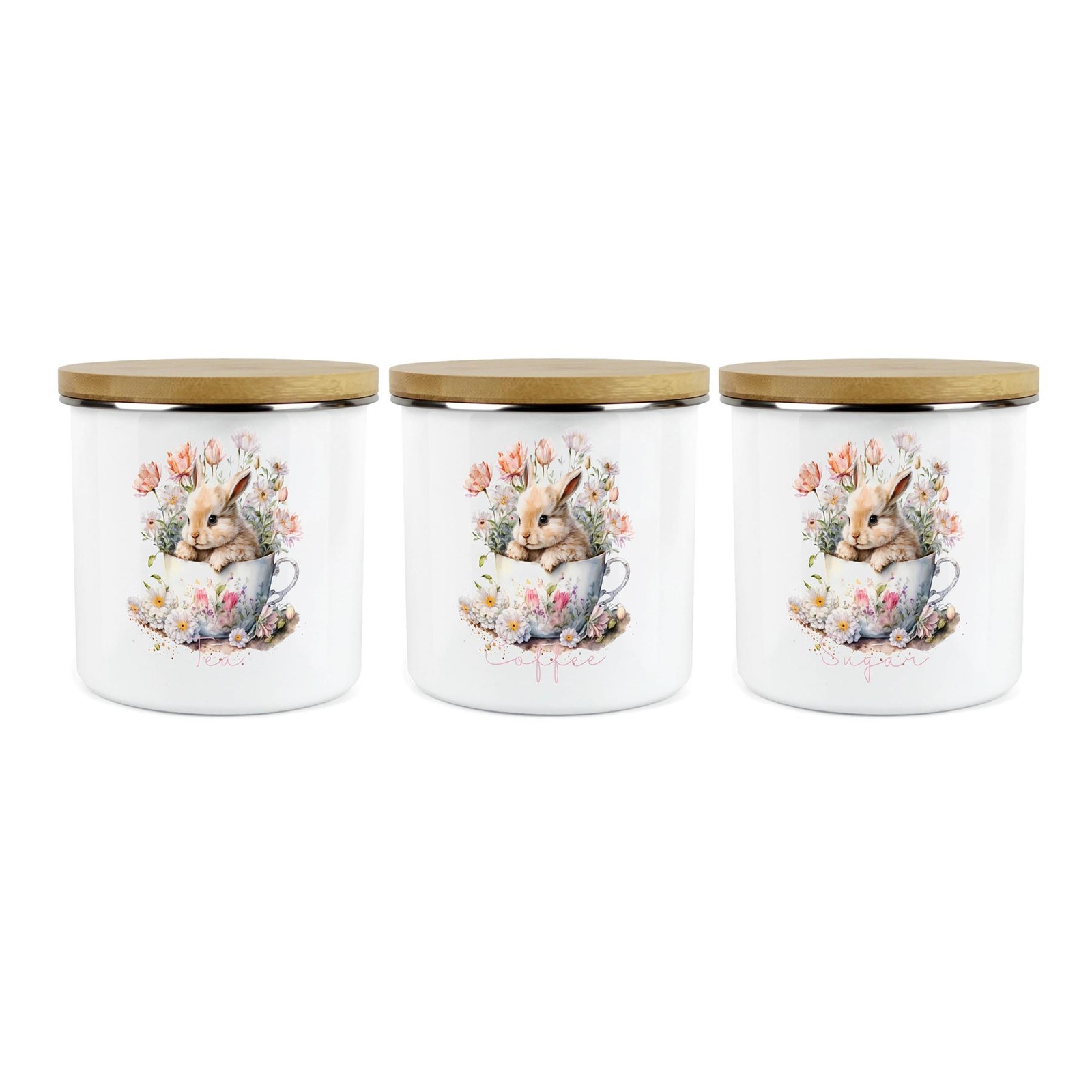 Teacup Bunny Tea, Coffee & Sugar Canister Set - Enamel Kitchen Storage Container