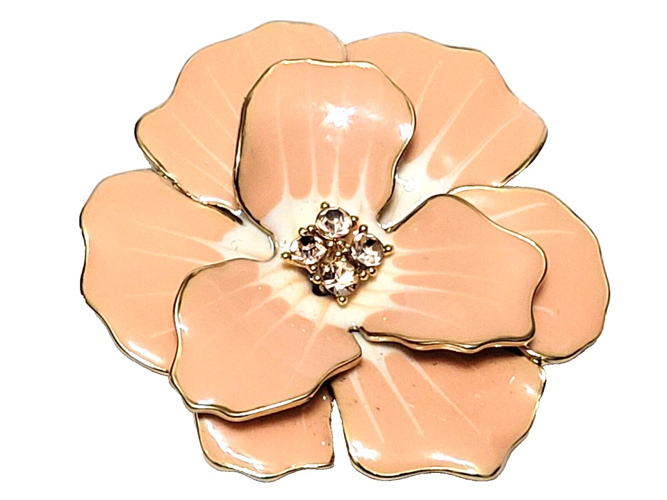 Broche Flor Joan Rivers De Colección Grande Esmalte Melocotón/Cristal/Tono Dorado FIRMADO