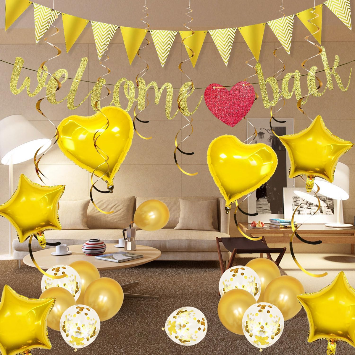 Welcome Home Party 22-teiliges Welcome Back Deko-Set – Girlande, Ballons & Spiralen In Gold, Für Überraschungspartys